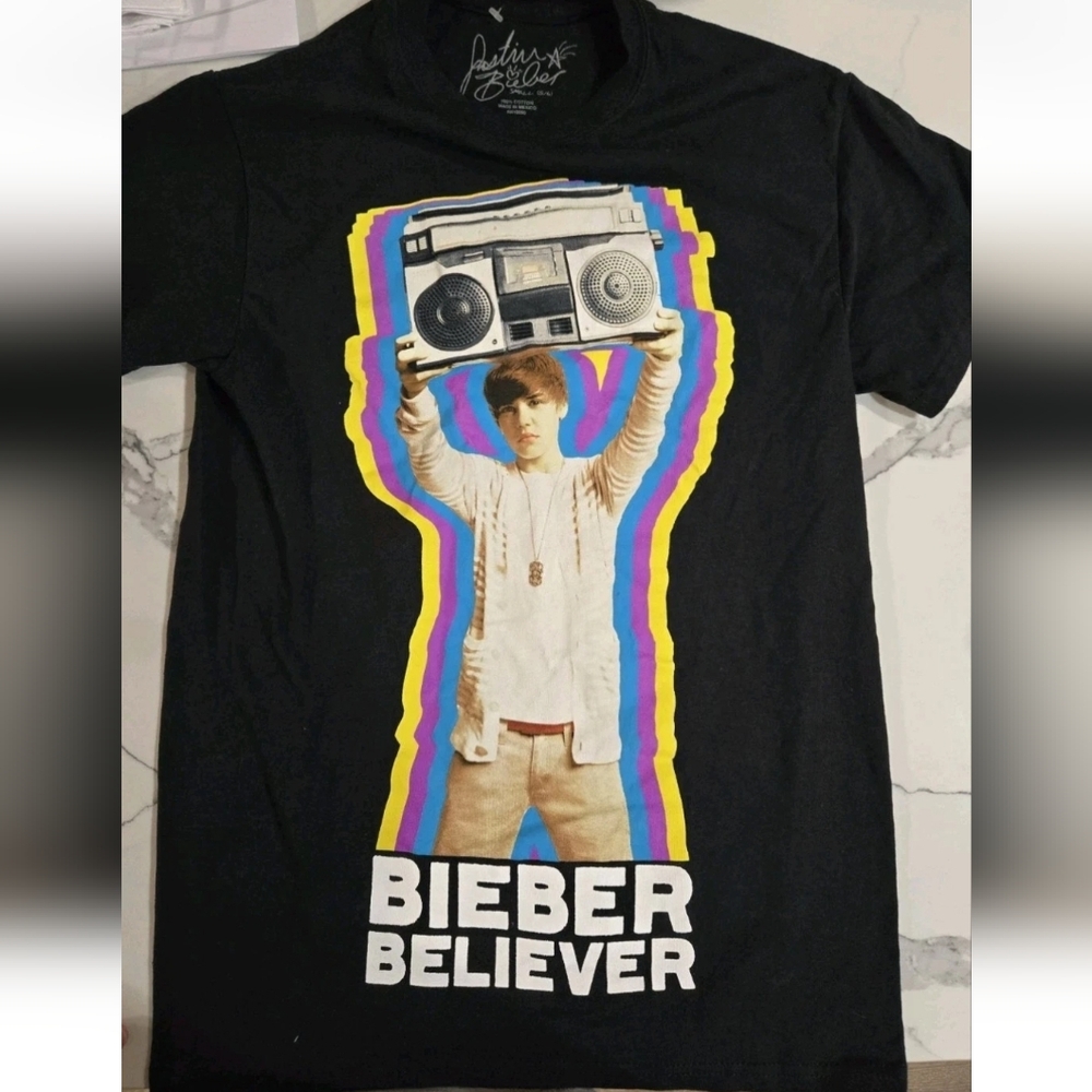 Justin Bieber Black T-Shirt with Signature Design 5/6 100% Cotton